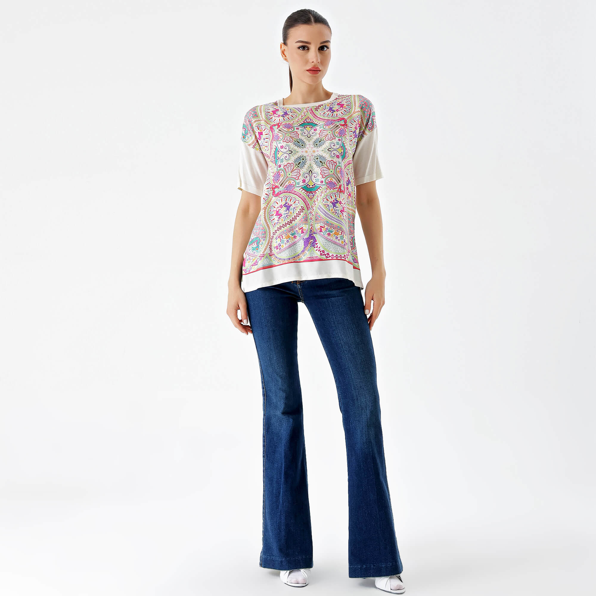 Etro-White&Pink Silk Front Knit Cardigan and T-Shirt Set